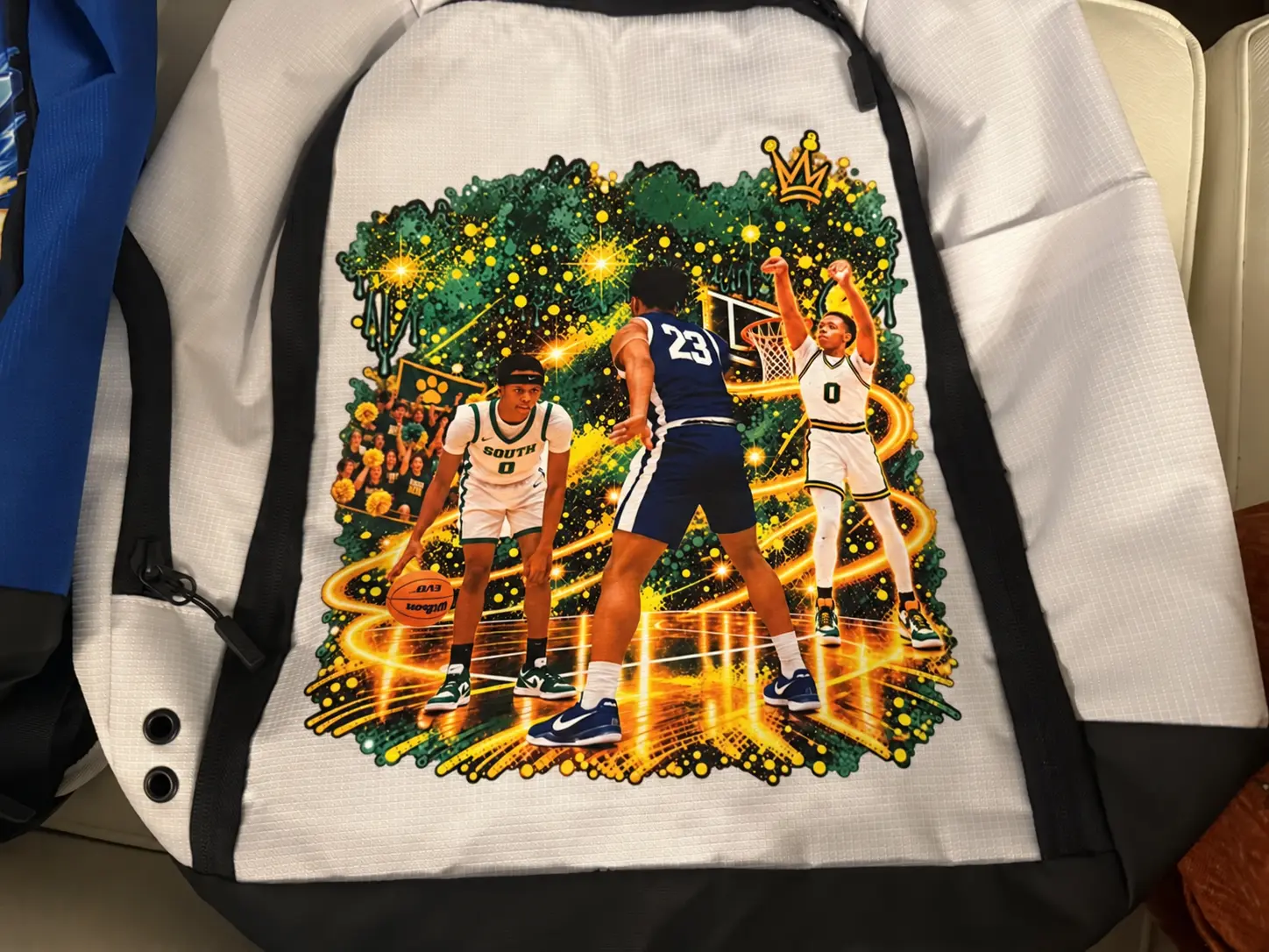 White and black custom basketball book bag