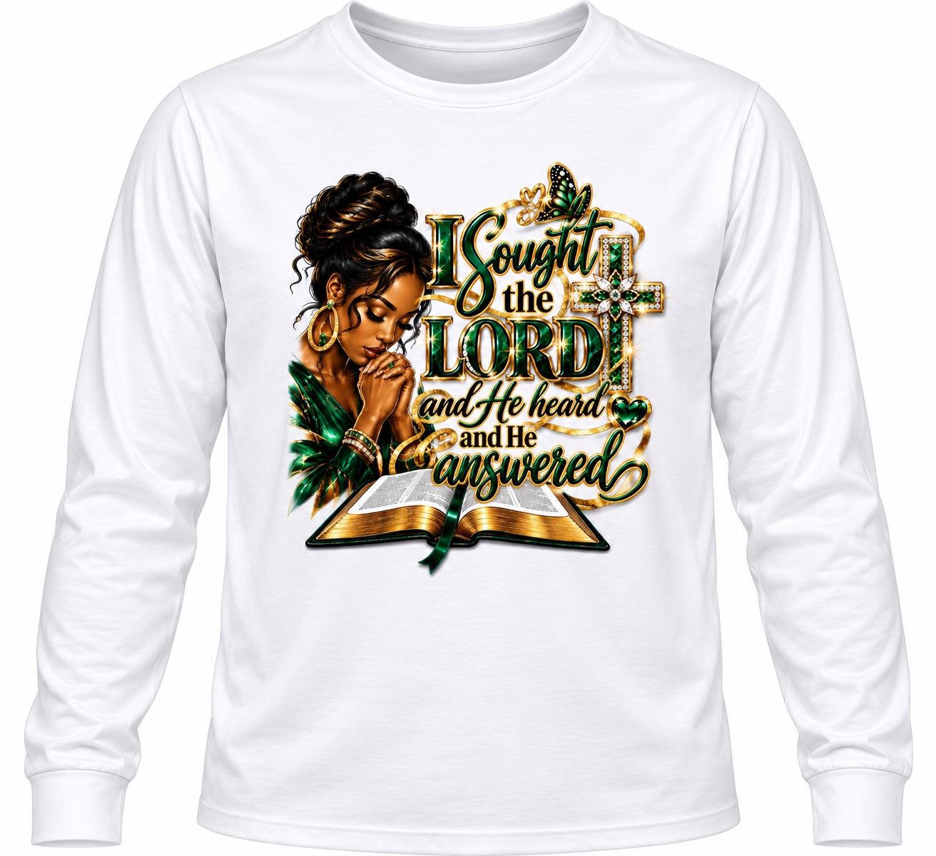 White long-sleeve shirt with a praying woman and green and gold I Sought the Lord artwork