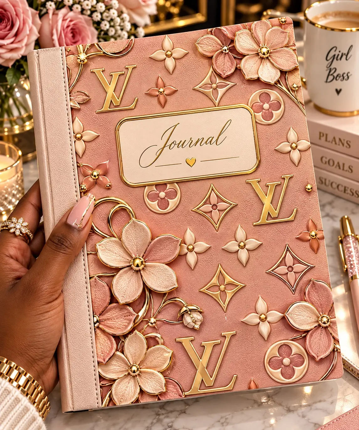 Blush pink and gold floral luxury journal