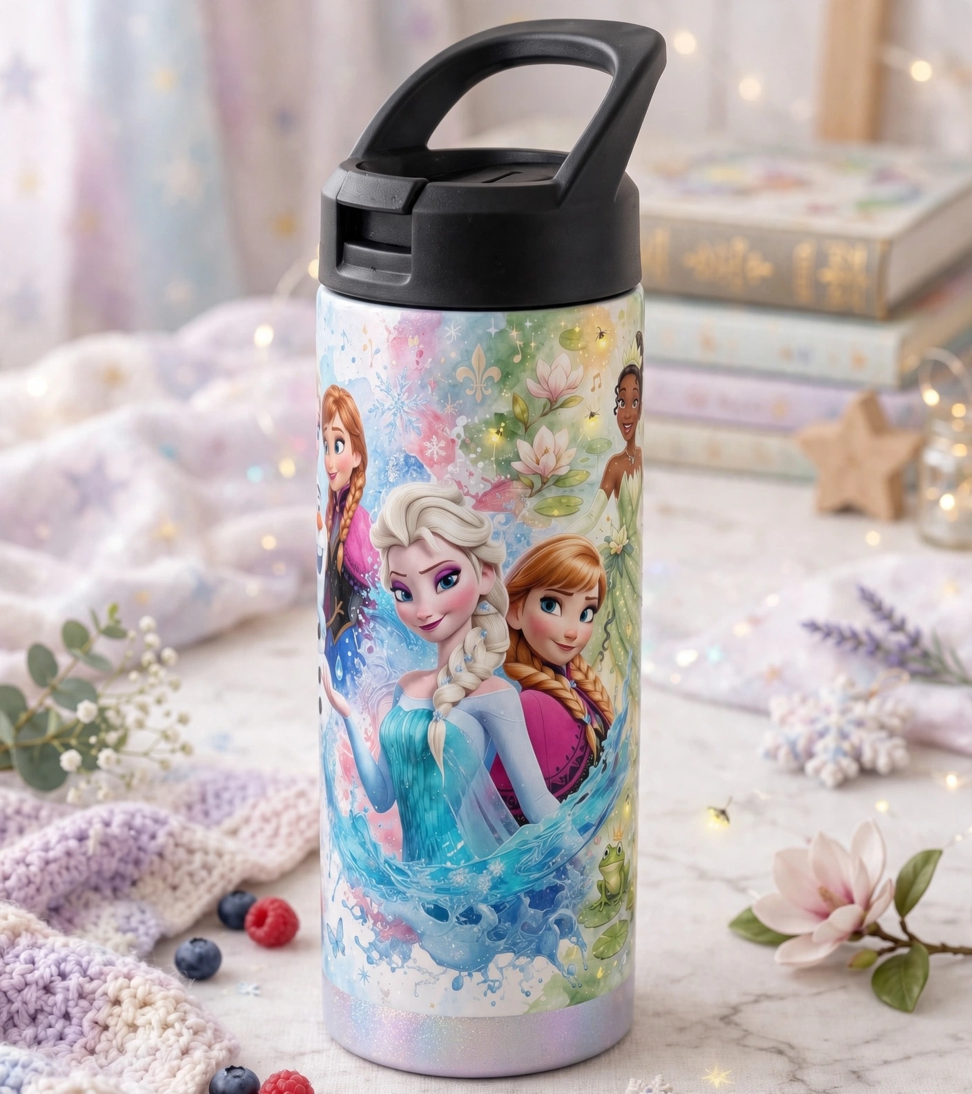 Frozen & Princess Friends Kids Tumbler with black sports lid