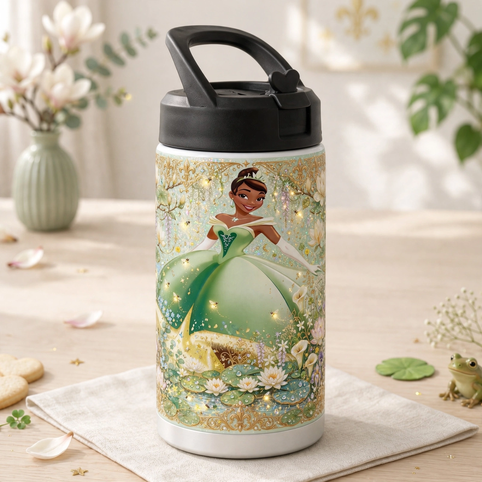 Princess Tiana Kids Tumbler with black sports lid