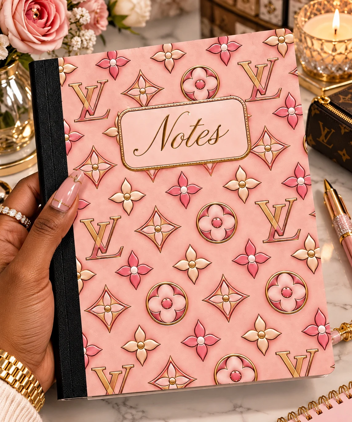 Pink and gold floral monogram luxury composition notebook