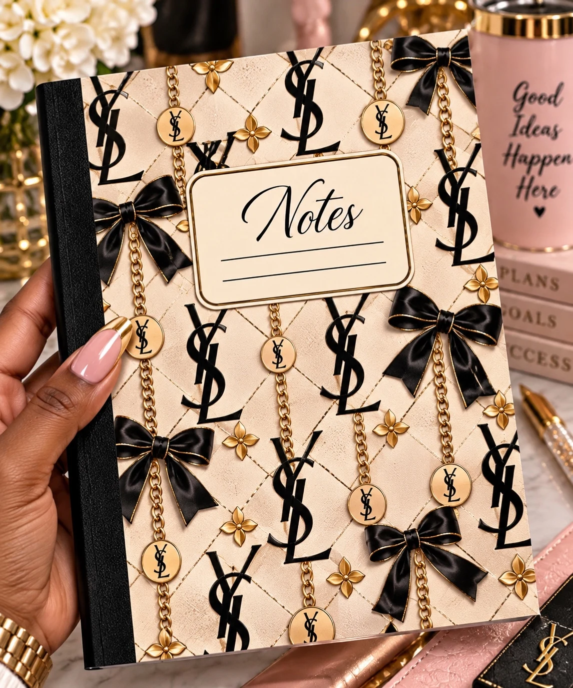 Cream black and gold bow luxury composition notebook