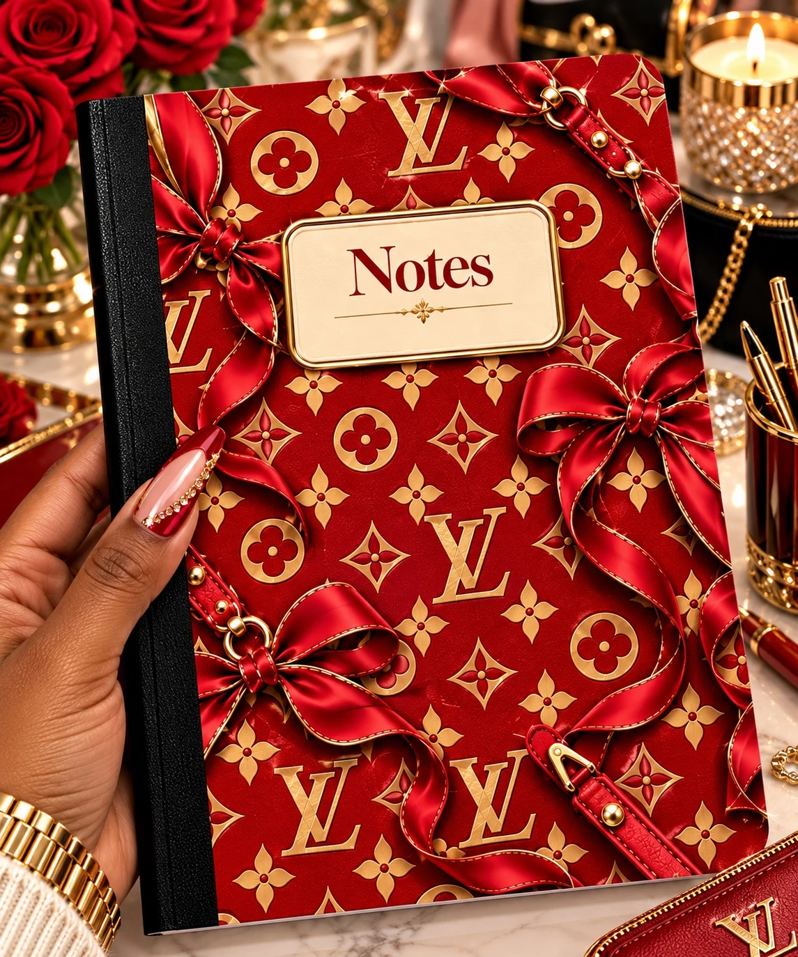 Red and gold bow luxury composition notebook