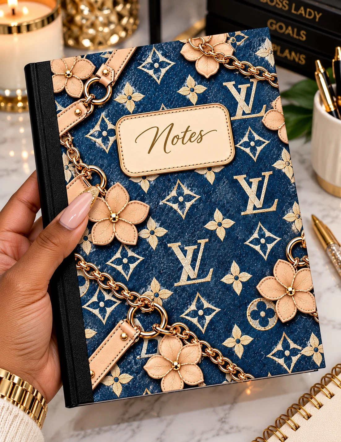 Denim blue and tan floral luxury composition notebook