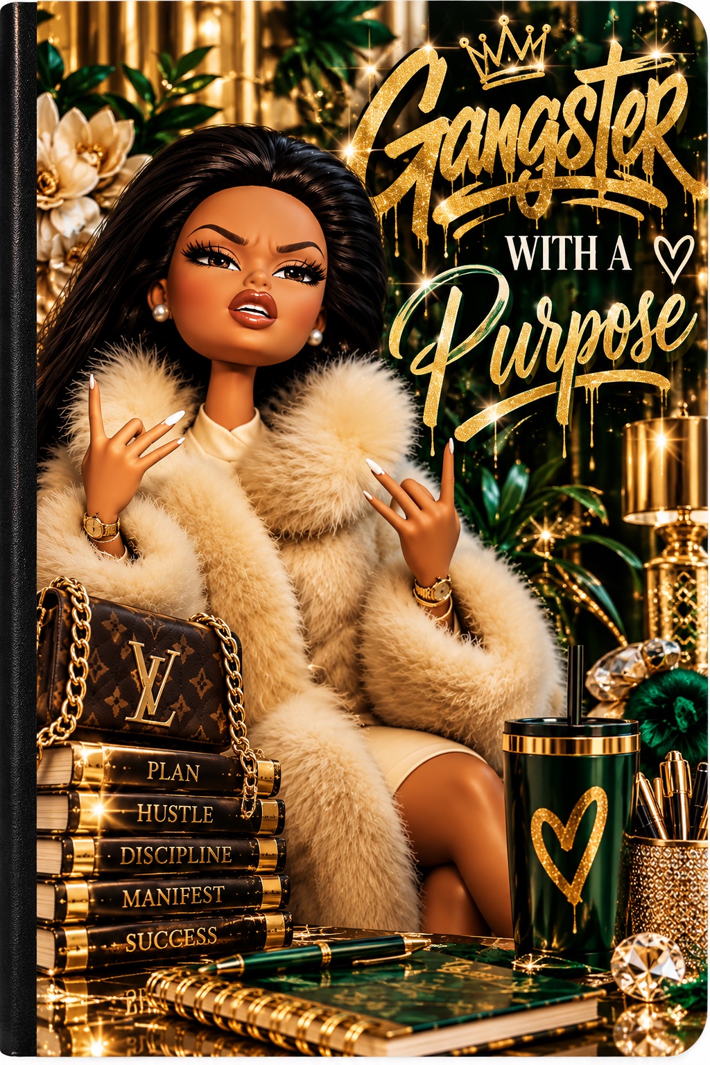 Gangster with a Purpose notebook in green, gold, cream, and black