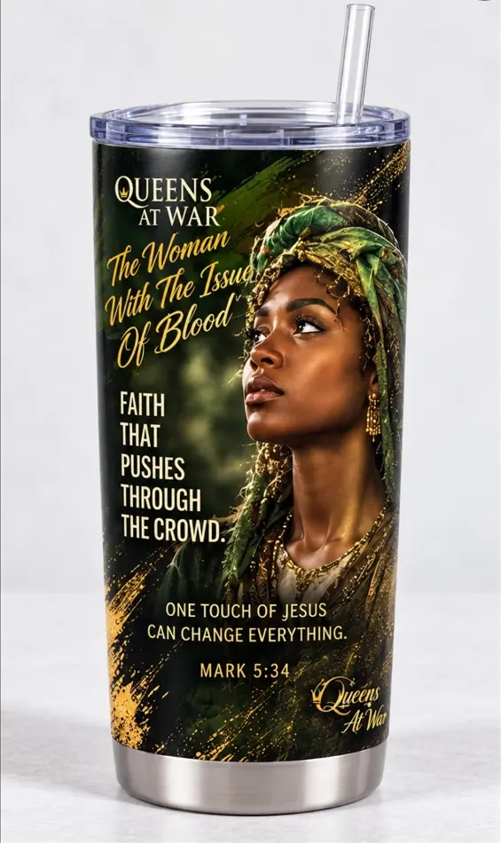 Queens at War Woman with the Issue of Blood tumbler in gold and green